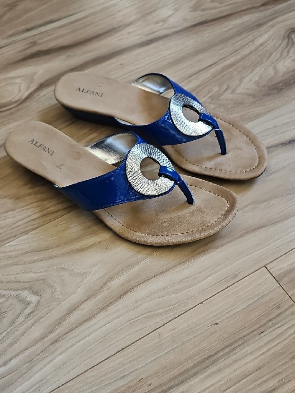 Alfani Women's Navy Blue Thong Sandals with Gold Medallion Size 8.5 - Picture 2 of 7